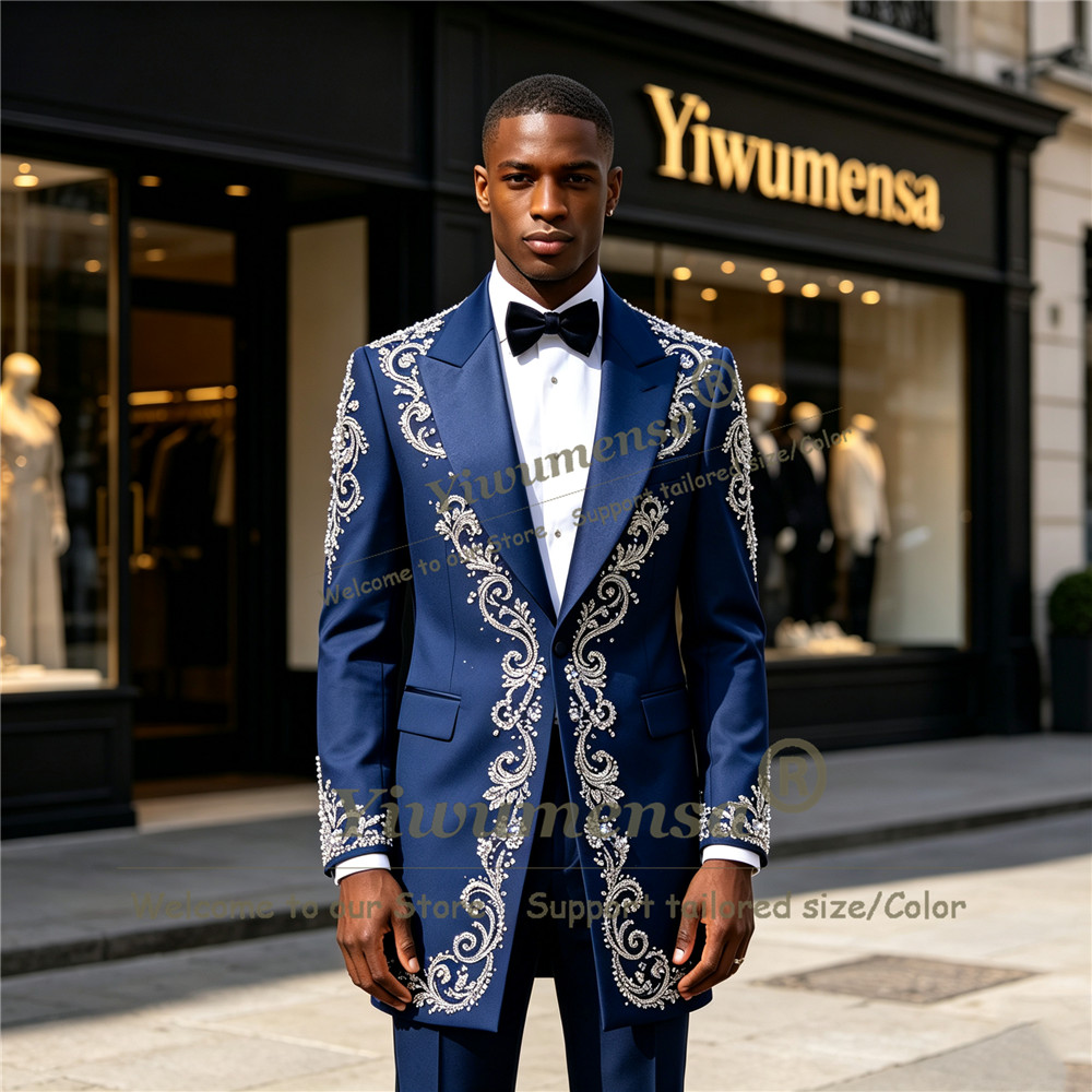 Men Formal Wear Jacket - Handmade Crystals Beading Suit Men Customized