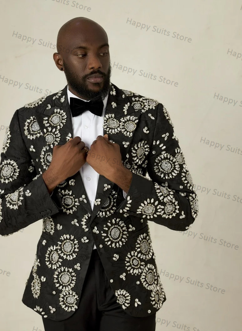 Crystals Black Groom Men Suit  - đánh giá và giá Formal Wear Jersey For Men