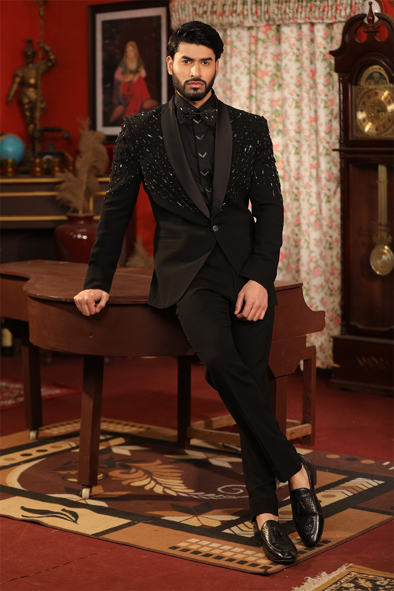 Crystals Black Men Suit Set 2  - đánh giá và giá Formal Wear Jersey For Men
