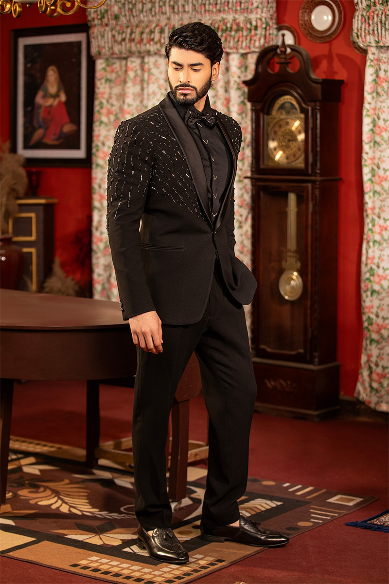 Crystals Black Men Suit Set 2  - đánh giá và giá Formal Wear Jersey For Men